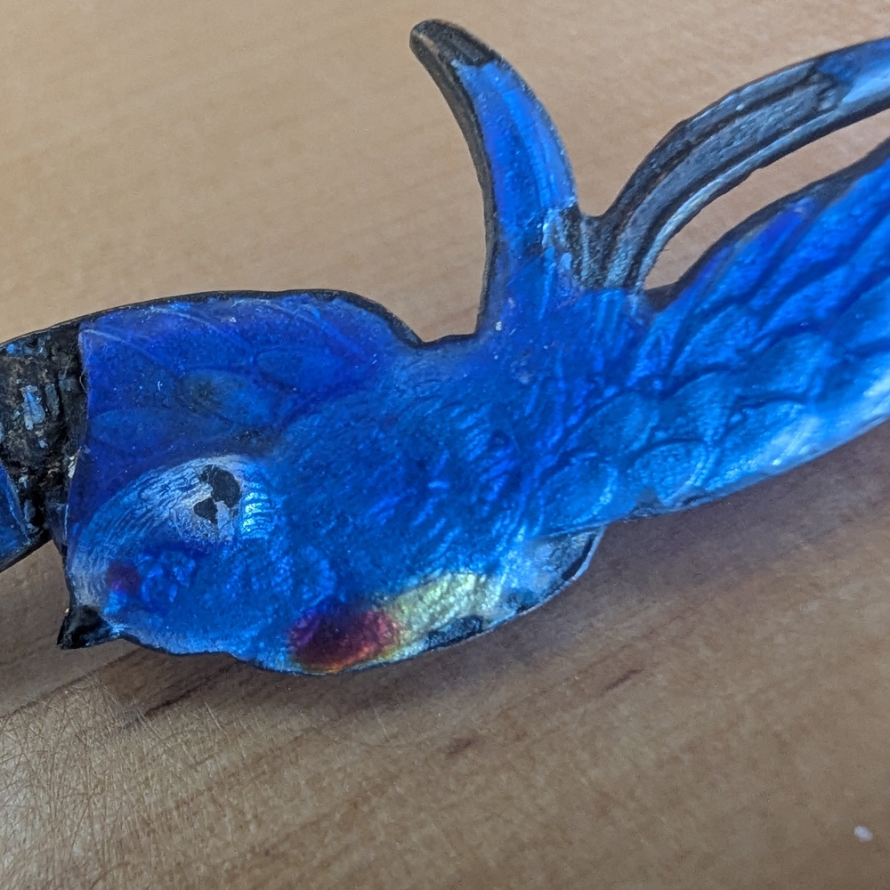 Antique Guilloche Blue Enamel Swallow Bird in Flight Brooch/Pin